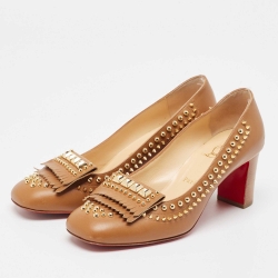 Pre Owned Christian Louboutin Brown Leather Studded Fringed Pumps Size 38.5