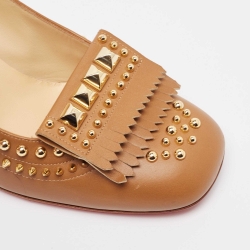 Pre Owned Christian Louboutin Brown Leather Studded Fringed Pumps Size 38.5
