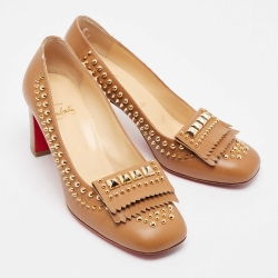 Pre Owned Christian Louboutin Brown Leather Studded Fringed Pumps Size 38.5