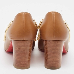 Pre Owned Christian Louboutin Brown Leather Studded Fringed Pumps Size 38.5