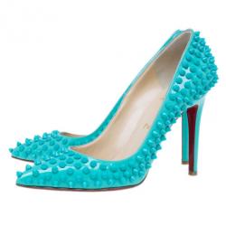 Pre Owned Christian Louboutin Turquoise Patent Pigalle Spikes Pumps Size 38