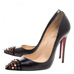Pre Owned Christian Louboutin Black Embellished Leather Cabo Pumps Size 37.5