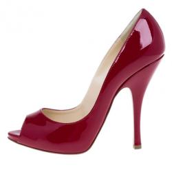 Pre Owned Christian Louboutin Red Patent Maryl Peep Toe Pumps Size 38