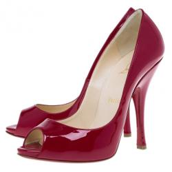 Pre Owned Christian Louboutin Red Patent Maryl Peep Toe Pumps Size 38