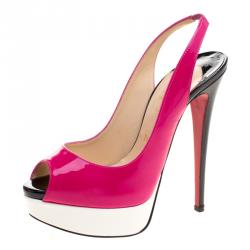 مملوكة مسبقًا Christian Louboutin Tricolor Patent Leather Lady Peep Toe Platform Slingback Sandals Size 36.5