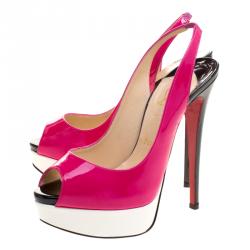 مملوكة مسبقًا Christian Louboutin Tricolor Patent Leather Lady Peep Toe Platform Slingback Sandals Size 36.5