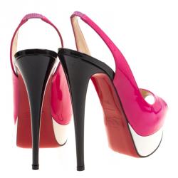 مملوكة مسبقًا Christian Louboutin Tricolor Patent Leather Lady Peep Toe Platform Slingback Sandals Size 36.5