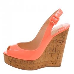 Pre Owned Christian Louboutin Florescent Pink Patent Leather Une Plume Peep Toe Slingback Cork Wedges Size 37
