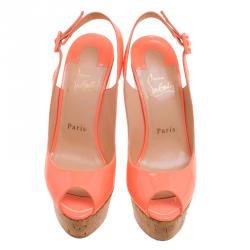 Pre Owned Christian Louboutin Florescent Pink Patent Leather Une Plume Peep Toe Slingback Cork Wedges Size 37