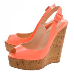 Pre Owned Christian Louboutin Florescent Pink Patent Leather Une Plume Peep Toe Slingback Cork Wedges Size 37