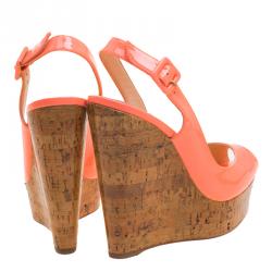 Pre Owned Christian Louboutin Florescent Pink Patent Leather Une Plume Peep Toe Slingback Cork Wedges Size 37