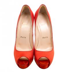 مملوكة مسبقًا حذاء كعب عالي كريستيان لوبوتان نعل سميك مقدمة مفتوحة فيري بريف ساتان برتقالي مقاس 38