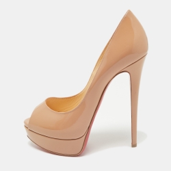 Christian Louboutin Beige Patent Leather Lady Peep Toe Platform Pumps Size 38.5