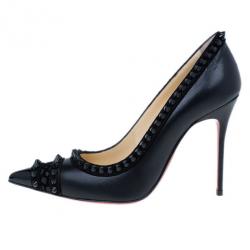 Pre Owned Christian Louboutin Black Leather and Suede Malabar Hill Spiked Pumps Size 36.5
