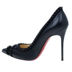 Pre Owned Christian Louboutin Black Leather and Suede Malabar Hill Spiked Pumps Size 36.5