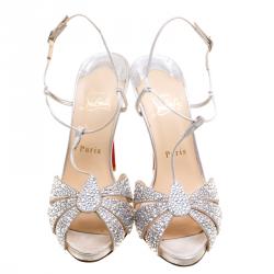 مملوكة مسبقًا صندل كريستيان لوبوتان مارغي ديامز مرصع كريستال فضي ميتالك مقاس 37.5