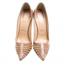 Christian Louboutin Beige Patent Leather Bareta Spikes Pointed Toe Pumps Size 41