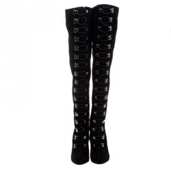 Pre Owned Christian Louboutin Black Suede Croche Knee Length Boots Size 38