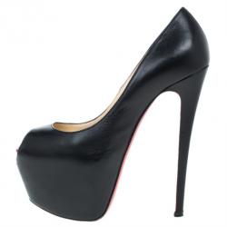 Pre Owned Christian Louboutin Black Leather Highness Peep Toe Platform Pumps Size 37