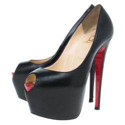 Pre Owned Christian Louboutin Black Leather Highness Peep Toe Platform Pumps Size 37