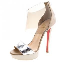 مملوكة مسبقًا Christian Louboutin Metallic Silver Python and PVC Dufoura Platform Sandals Size 37