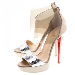 مملوكة مسبقًا Christian Louboutin Metallic Silver Python and PVC Dufoura Platform Sandals Size 37