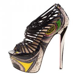 Pre Owned Christian Louboutin Multicolor Python and Pony Hair Zoulou Strappy Platform Sandals Size 38.5