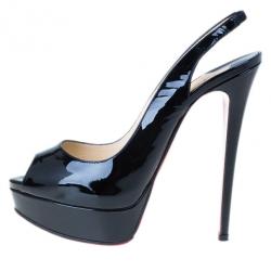 Pre Owned Christian Louboutin Black Patent Lady Peep Slingback Sandals Size 39.5
