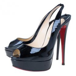 Pre Owned Christian Louboutin Black Patent Lady Peep Slingback Sandals Size 39.5
