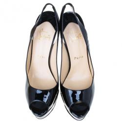 Pre Owned Christian Louboutin Black Patent Lady Peep Slingback Sandals Size 39.5