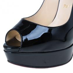 Pre Owned Christian Louboutin Black Patent Lady Peep Slingback Sandals Size 39.5