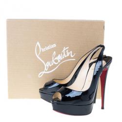 Pre Owned Christian Louboutin Black Patent Lady Peep Slingback Sandals Size 39.5