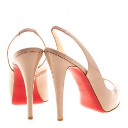 Pre Owned Christian Louboutin Beige Patent Leather Private Number Peep Toe Slingback Sandals Size 37