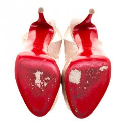 Pre Owned Christian Louboutin Beige Patent Leather Private Number Peep Toe Slingback Sandals Size 37