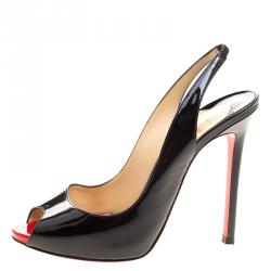 Pre Owned Christian Louboutin Black Patent Leather Flo Peep Toe Slingback Sandals Size 38