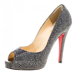 مملوكة مسبقًا Christian Louboutin Grey Crystal Embellished Very Riche Peep Toe Platform Pumps Size 37