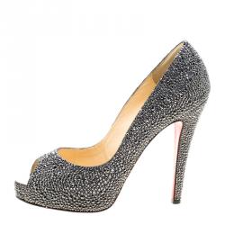 مملوكة مسبقًا Christian Louboutin Grey Crystal Embellished Very Riche Peep Toe Platform Pumps Size 37