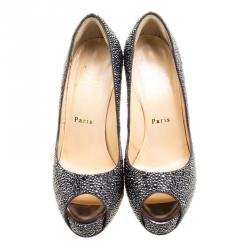 مملوكة مسبقًا Christian Louboutin Grey Crystal Embellished Very Riche Peep Toe Platform Pumps Size 37