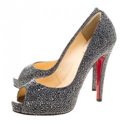 مملوكة مسبقًا Christian Louboutin Grey Crystal Embellished Very Riche Peep Toe Platform Pumps Size 37