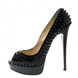 Pre Owned Christian Louboutin Black Patent Leather Lady Peep Toe Spike Platform Pumps Size 39.5