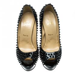 Pre Owned Christian Louboutin Black Patent Leather Lady Peep Toe Spike Platform Pumps Size 39.5