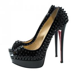 Pre Owned Christian Louboutin Black Patent Leather Lady Peep Toe Spike Platform Pumps Size 39.5
