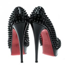 Pre Owned Christian Louboutin Black Patent Leather Lady Peep Toe Spike Platform Pumps Size 39.5