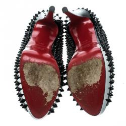 Pre Owned Christian Louboutin Black Patent Leather Lady Peep Toe Spike Platform Pumps Size 39.5