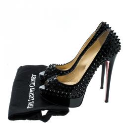 Pre Owned Christian Louboutin Black Patent Leather Lady Peep Toe Spike Platform Pumps Size 39.5
