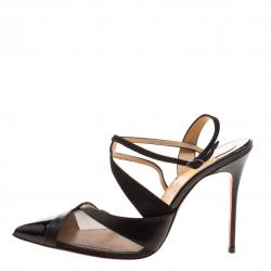 Pre Owned Christian Louboutin Black Patent Leather and Mesh Evoluta Pointed Toe Sandals Size 38