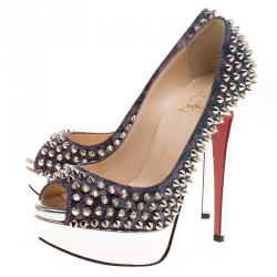 مملوكة مسبقًا حذاء كريستيان لوبوتان لام ليدي كعب مرتفع مقدمة مرتفعة أشواك ميتاليك مقاس 39.5