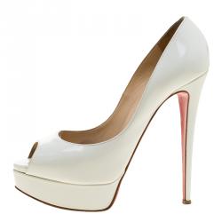 Pre Owned Christian Louboutin White Patent Leather New Very Prive Peep Toe Platform Pumps Size 38.5