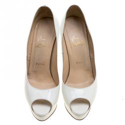 Pre Owned Christian Louboutin White Patent Leather New Very Prive Peep Toe Platform Pumps Size 38.5