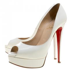 Pre Owned Christian Louboutin White Patent Leather New Very Prive Peep Toe Platform Pumps Size 38.5